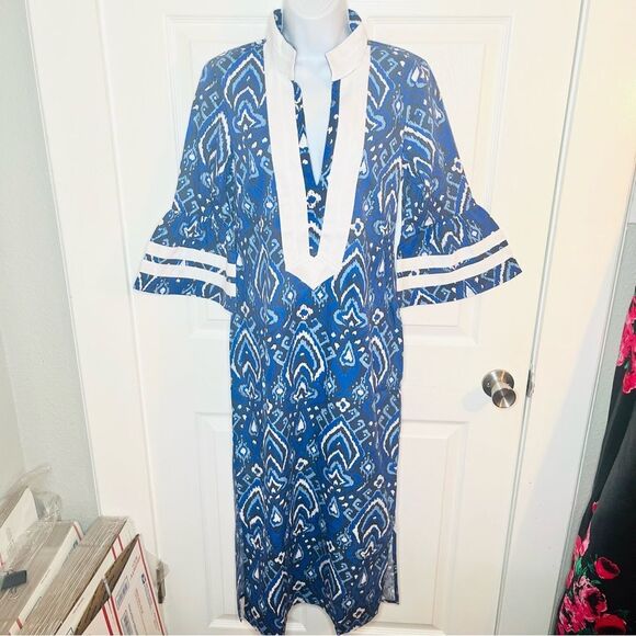 SAIL TO SABLE Bell Sleeve Caftan Midi Dress Cotton Ikat Navy Blue White XS NWT - Picture 4 of 9